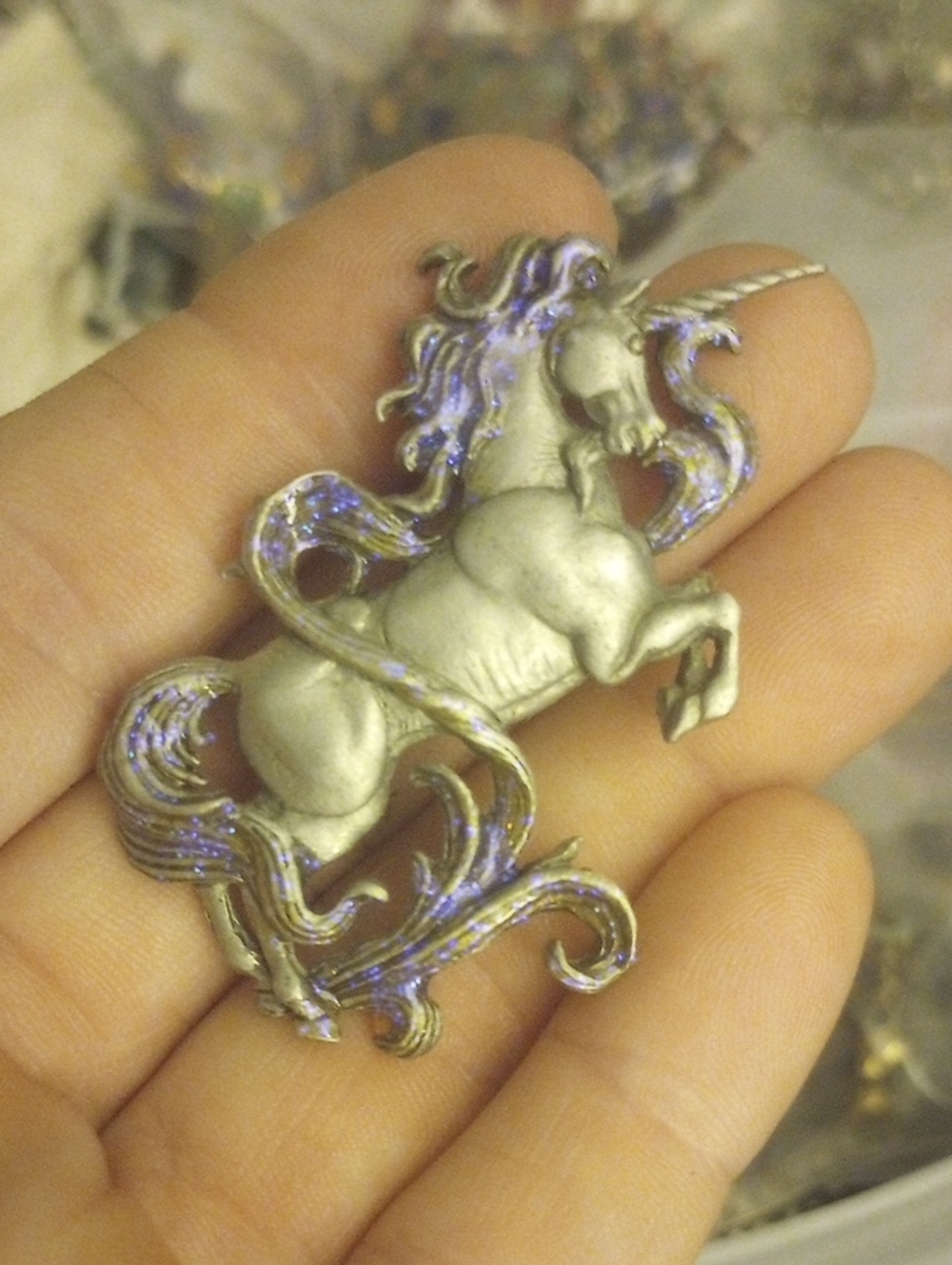 Rare vintage unicorn brooch with purple glitter Pewter jj Jonette mythology pin